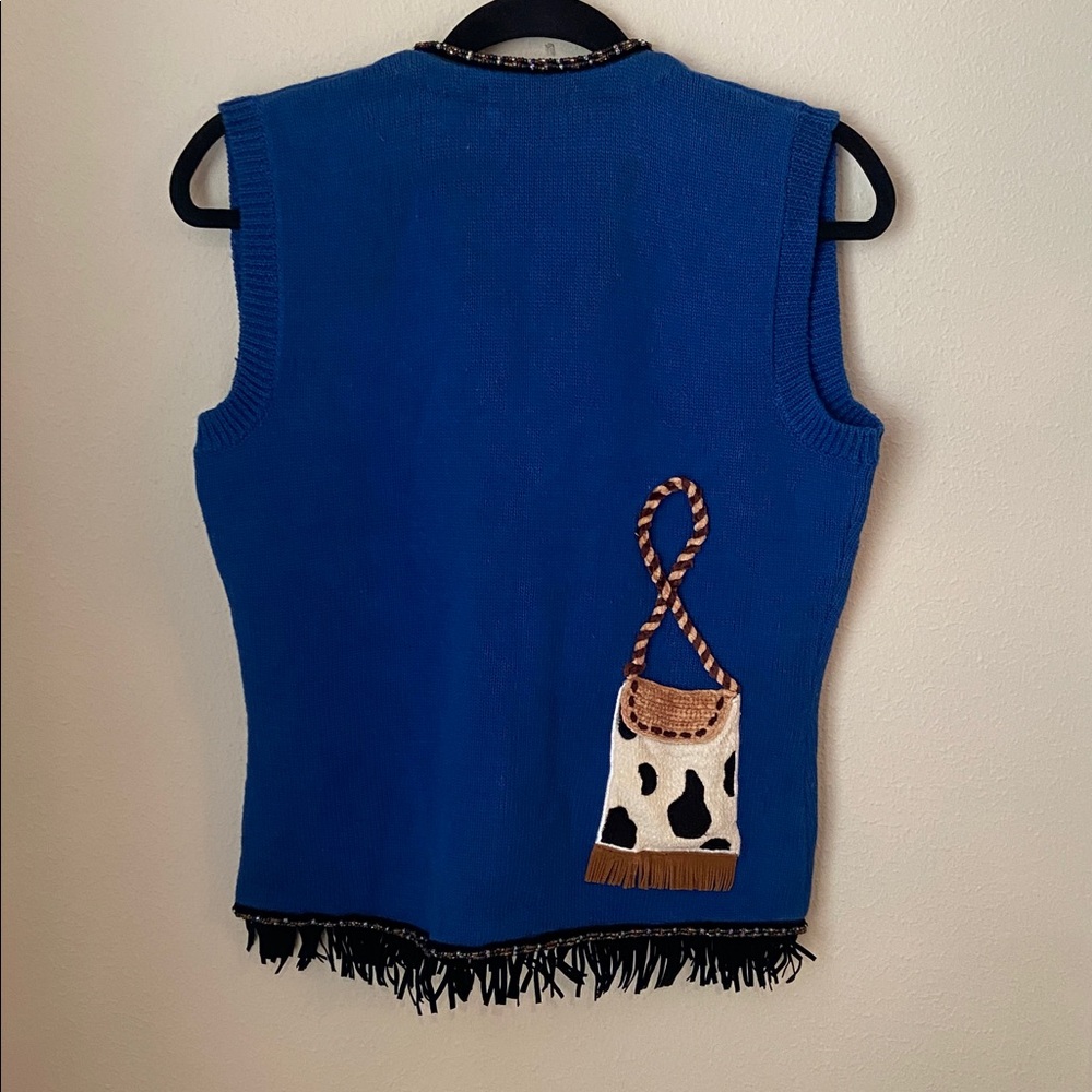 Vintage 90s Berek Western Boot Appliqué Sweater Vest w/ Beads & Fringe (Rare!) - Picture 3 of 5